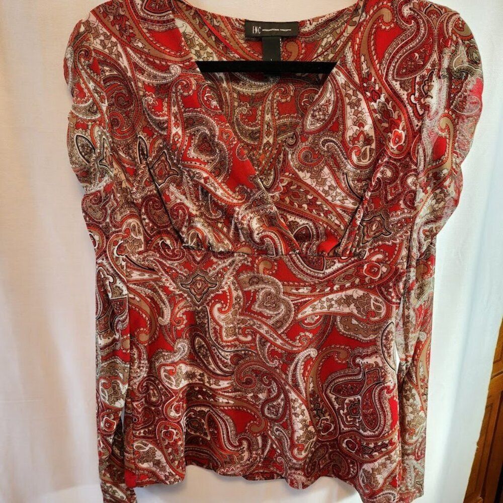 INTERNATIONAL CONCEPTS, RED MULTI-COLOR TOP, RUCHED LONG SLEEVE, SIZE LARGE